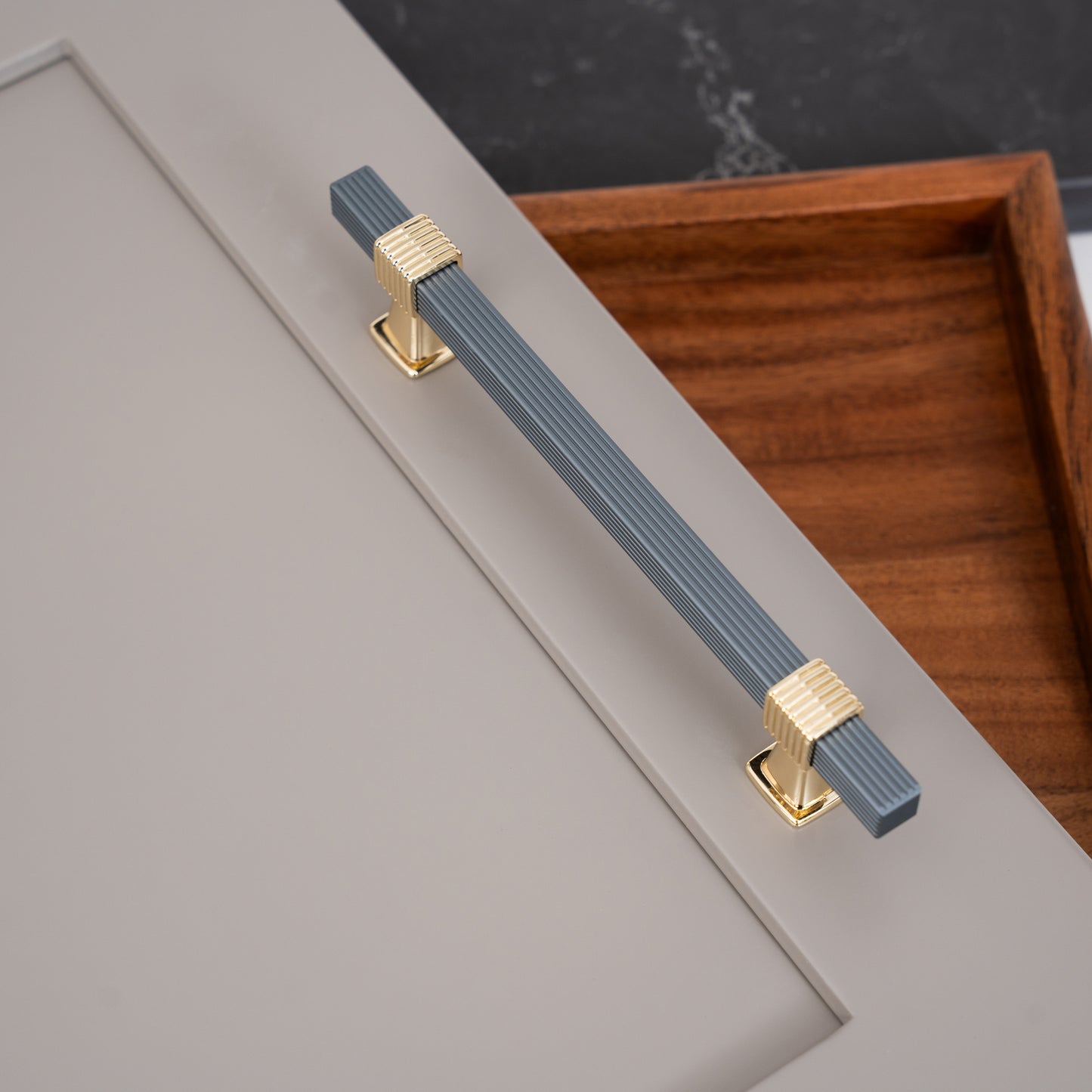Modern Ribbed Cabinet Handles with Gold Accents